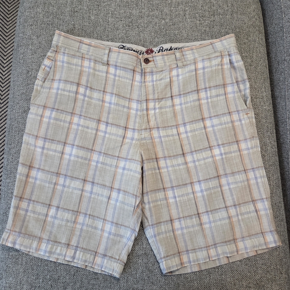 Tommy Bahama Paradise Nation Linen Silk Shorts Mens 38 Tan Plaid 10 Inch Inseam